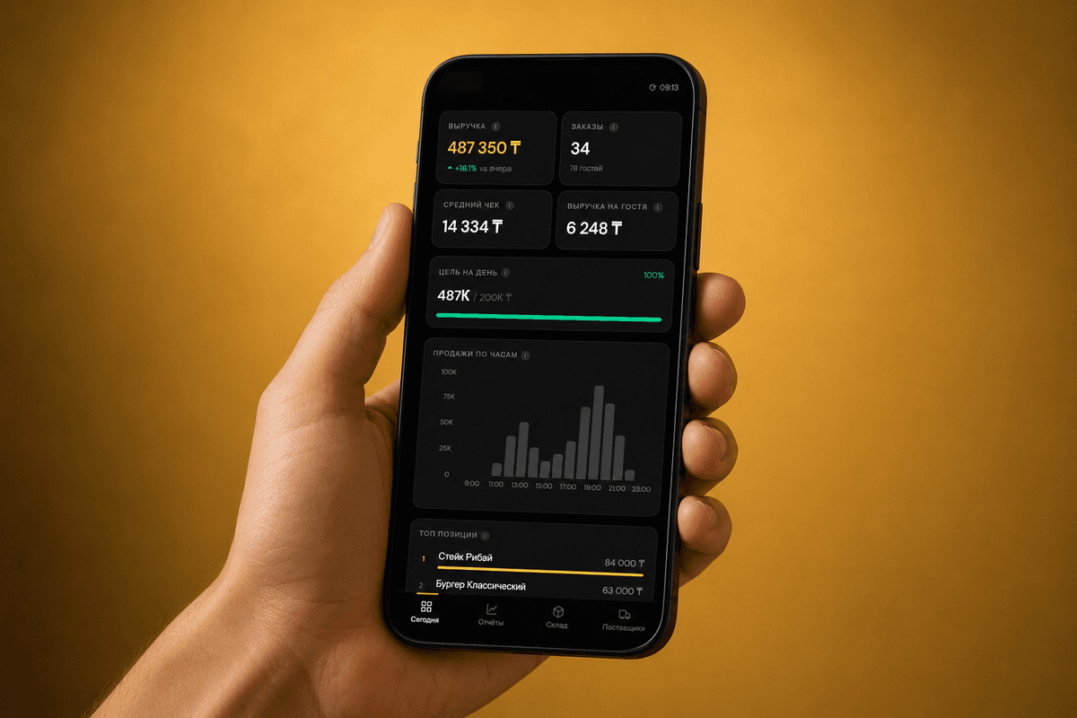 Операционный портал HoReCa, телефон в теплом ресторанном интерьере