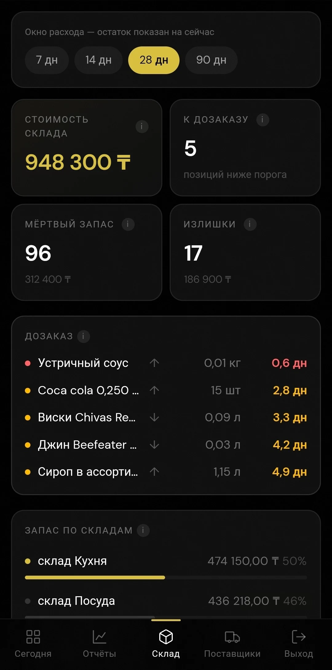 Склад в opengate F&B на телефоне